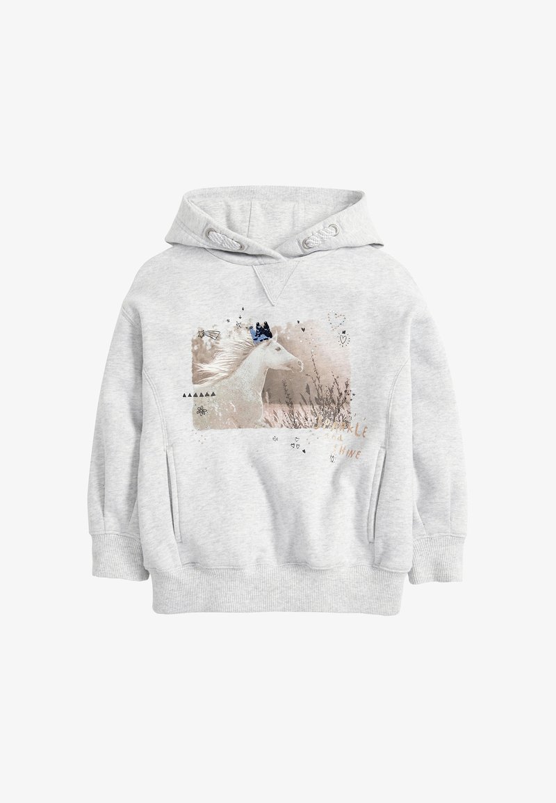 Sweat à capuche pour enfant gris clair avec un graphique de cheval portant une couronne bleue, accompagné d'étoiles décoratives, de cœurs et de texte sur le devant.