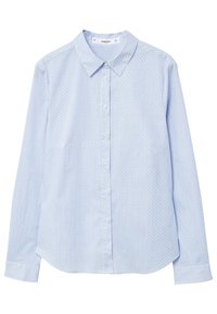 Camicia azzurro chiaro con colletto a punte, caratterizzata da un motivo a pois, maniche lunghe e orlo curvo. Realizzata in tessuto intrecciato.