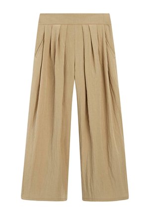 Pantalon beige à jambes larges avec plis devant, poches latérales et ceinture plate, fabriqué en tissu léger texturé.