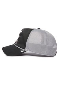 Black and gray baseball cap with a mesh back, featuring a curved brim and white embroidered logo on the front. Durable fabric, structured design.