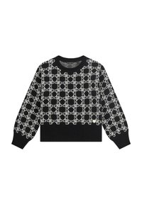 Schwarzer und weißer, gemusterter Pullover mit geripptem Saum und Bündchen, der ein geometrisches Design aufweist. Rundhalsausschnitt, lange Ärmel.
