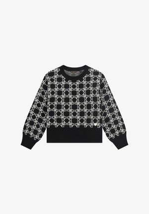 Schwarzer und weißer, gemusterter Pullover mit geripptem Saum und Bündchen, der ein geometrisches Design aufweist. Rundhalsausschnitt, lange Ärmel.