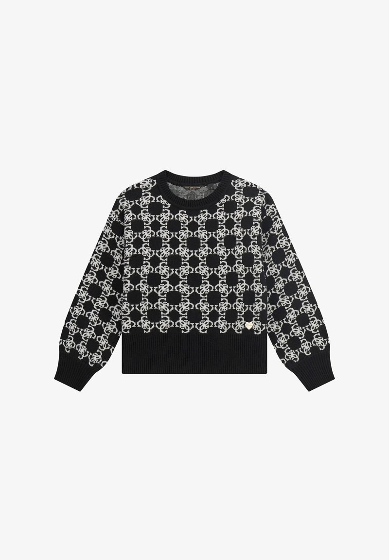 Schwarzer und weißer, gemusterter Pullover mit geripptem Saum und Bündchen, der ein geometrisches Design aufweist. Rundhalsausschnitt, lange Ärmel.