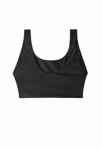 Svart sportbh med rundad halsringning, breda axelband och ett mjukt, elastiskt tyg. Minimalistisk design, inga mönster eller utsmyckningar.
