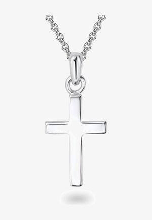 Strieborný krížový prívesok s hladkým, lešteným povrchom. Reťaz má skrútený dizajn, ktorý dopĺňa minimalistický tvar.