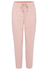 Světle růžové tepláky vyrobené z měkkého materiálu, s elastickým pasem a tkaničkou, a dvěma předními kapsami.