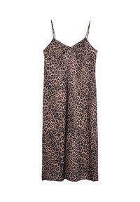Haljina na bretele s leopard uzorkom, izrađena od lagane tkanine. Ima opušteni kroj, s lepršavim dizajnom i tamnosmešnim akcentima.