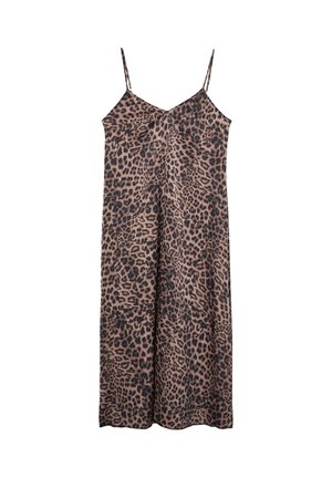 Leopard print slip dress with thin straps, made of light fabric. Features a relaxed fit, with a flowing design and dark brown accents.