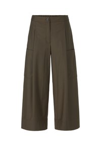Olive green wide-leg pants made from smooth fabric, featuring a button closure, elastic waistband, and two side pockets.