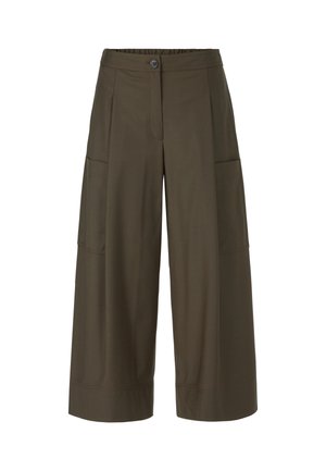 Olivgrüne, weit geschnittene Hose aus glattem Stoff, mit Knopfverschluss, elastischem Bund und zwei Seiten Taschen.