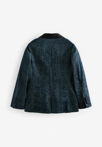 Mörk teal blazer med ett texturerat mönster, svart krage och långa ärmar med tre knapppynt på manschetterna.