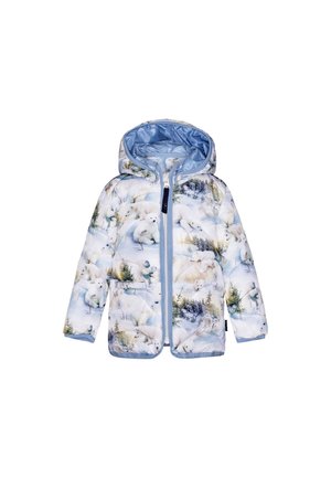 Veste d'hiver enfant à capuche avec motif ours polaire et forêt enneigée, doublure bleue, fermeture éclair devant et poches.