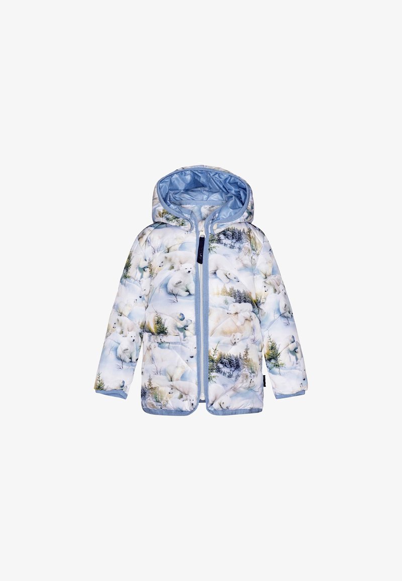 Veste d'hiver enfant à capuche avec motif ours polaire et forêt enneigée, doublure bleue, fermeture éclair devant et poches.
