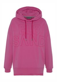 Sweat à capuche rose avec cordon de serrage, grande poche avant et texte en relief "ELB SAND". Fabriqué en tissu doux avec des poignets et un ourlet côtelés.