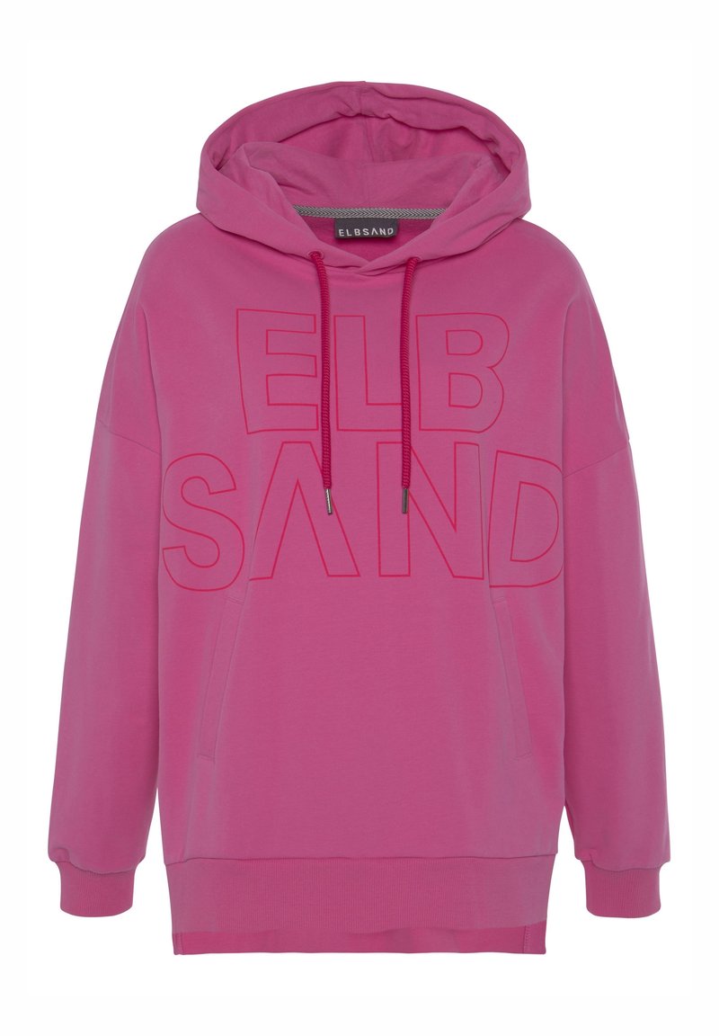 Sweat à capuche rose avec cordon de serrage, grande poche avant et texte en relief "ELB SAND". Fabriqué en tissu doux avec des poignets et un ourlet côtelés.