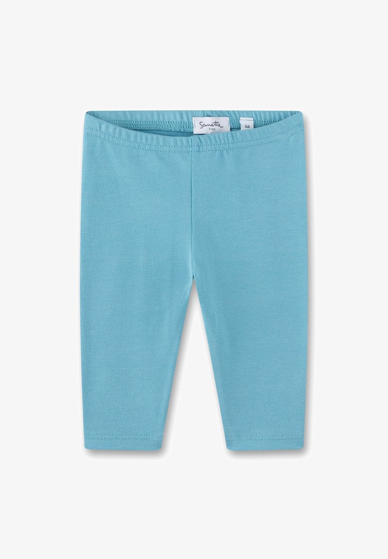 Blue leggings made of soft fabric, featuring an elastic waistband and no patterns. Straight cut with finished hems.