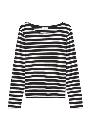 Fekete-fehér csíkos, hosszú ujjú felső, széles nyakkivágással és rövidített fazonnal, puha, sima textúrával.