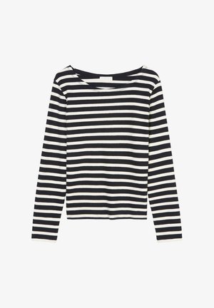 T-shirt à manches longues à rayures noires et blanches, avec un large col et un design court, offrant une texture douce et lisse.