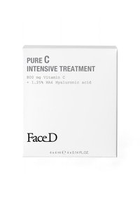 Scatola di trattamento intensivo Pure C in bianco con testo grigio; contiene 800 mg di Vitamina C e 1,25% di acido ialuronico HA4, può contenere 4 fiale da 4 ml.