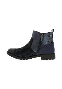 Bottines pour femmes en noir et bleu marine avec un motif floral, fermeture éclair sur le côté, talon texturé et tirette à l'arrière.