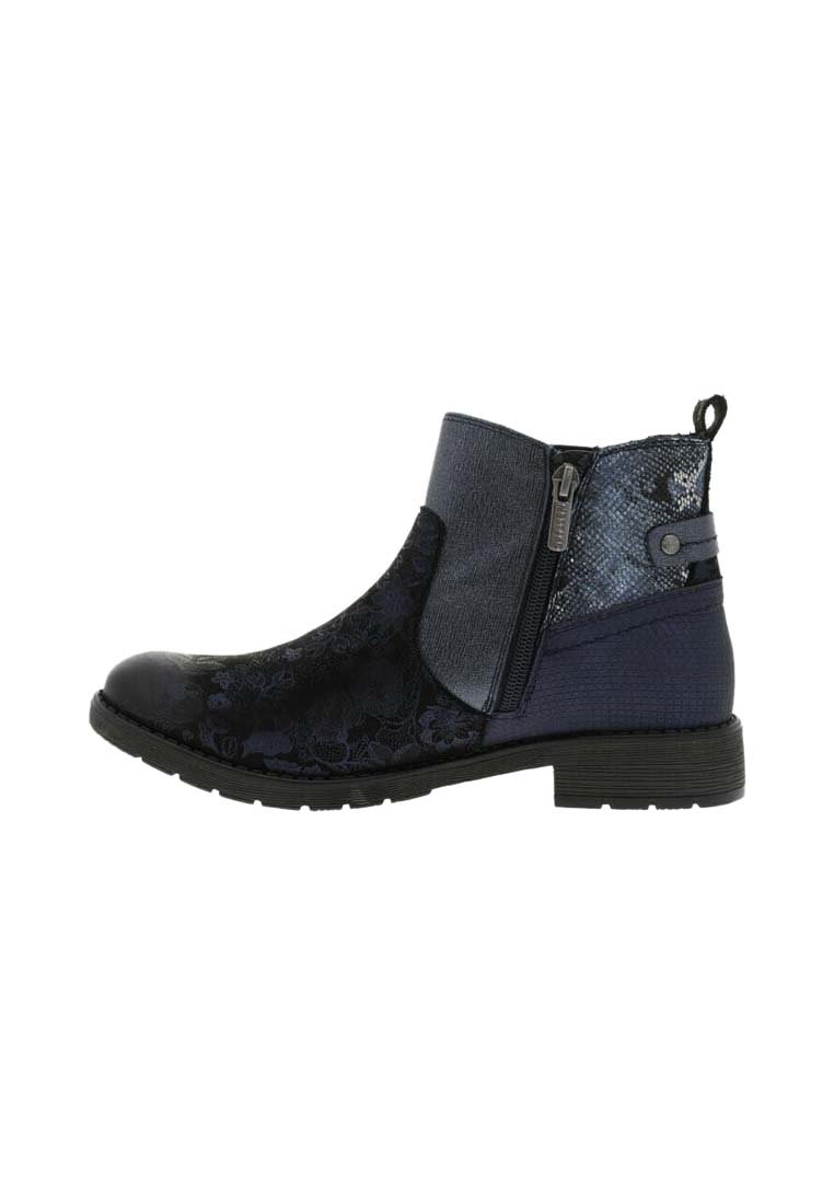 Bottines pour femmes en noir et bleu marine avec un motif floral, fermeture éclair sur le côté, talon texturé et tirette à l'arrière.