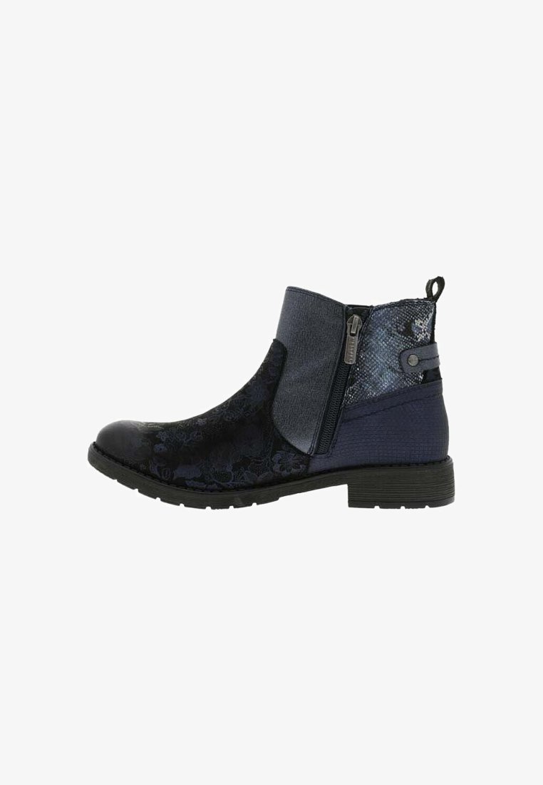 Bottines pour femmes en noir et bleu marine avec un motif floral, fermeture éclair sur le côté, talon texturé et tirette à l'arrière.