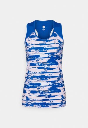 Niebiesko-biały sportowy tank top bez rękawów z wzorem cyfrowym kamuflażu, z racerbackiem i małym logo marki na piersi.