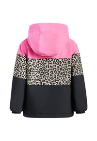 Capuchonjack met een roze bovenstuk, een middenband met luipaardprint en een zwart onderstuk. Gemaakt van een gestructureerde, lichtgewicht stof.
