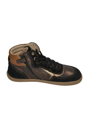 High-Top-Sneaker aus schwarzem und braunem Leder, seitlichem Reißverschluss, schwarzen Schnürsenkeln, beigem gepolstertem Kragen und beiger Gummisohle.