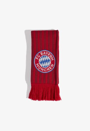 Rødt stribet halstørklæde med FC Bayern München-logo og blå-hvidt diamantmønster, med røde frynser i enden.