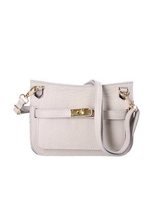 Lichtgrijze leren crossbody tas met een gestructureerde afwerking, gouden hardware, een voorkantvak en een verstelbare schouderband. Compacte en rechthoekige vorm.