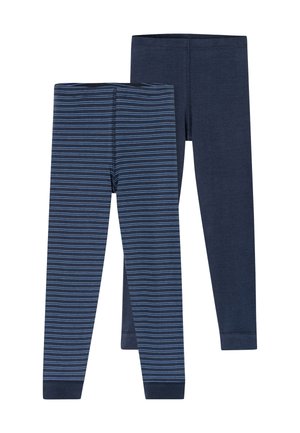 Twee paar leggings in donkerblauw en blauw met horizontale blauwe strepen. Gemaakt van zachte stof, met elastische taillebanden en strakke benen.