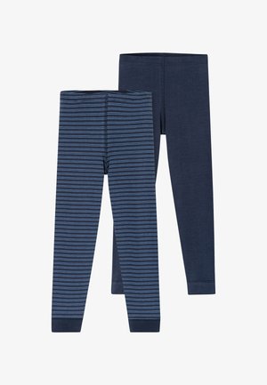 Twee paar leggings in donkerblauw en blauw met horizontale blauwe strepen. Gemaakt van zachte stof, met elastische taillebanden en strakke benen.