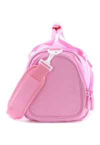 Pink polyester bag with a rounded shape, adjustable shoulder strap, zipper closures, and a front pocket. Features a soft texture and solid color.