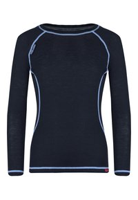 Navy long-sleeve thermal shirt featuring light blue contrast stitching, crew neckline, fitted design, and soft, textured fabric.