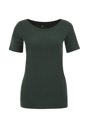 Tumši zaļš īsais krekls ar apaļu kakla izgriezumu, izgatavots no gludas, stiepjamas auduma, ar pieguļošu dizainu.