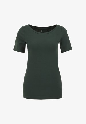 Dunkelgrünes T-Shirt mit kurzen Ärmeln und Rundhalsausschnitt, aus glattem, elastischem Stoff gefertigt und mit einer figurschmeichelnden Passform.