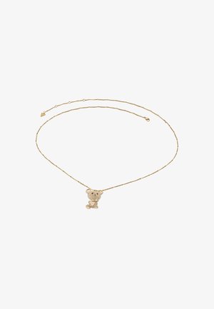 Złoty naszyjnik z zawieszką w kształcie misia pluszowego, ozdobioną kamieniami dekoracyjnymi, misternie zaprojektowany, z delikatnym łańcuszkiem o teksturowanych ogniwach.