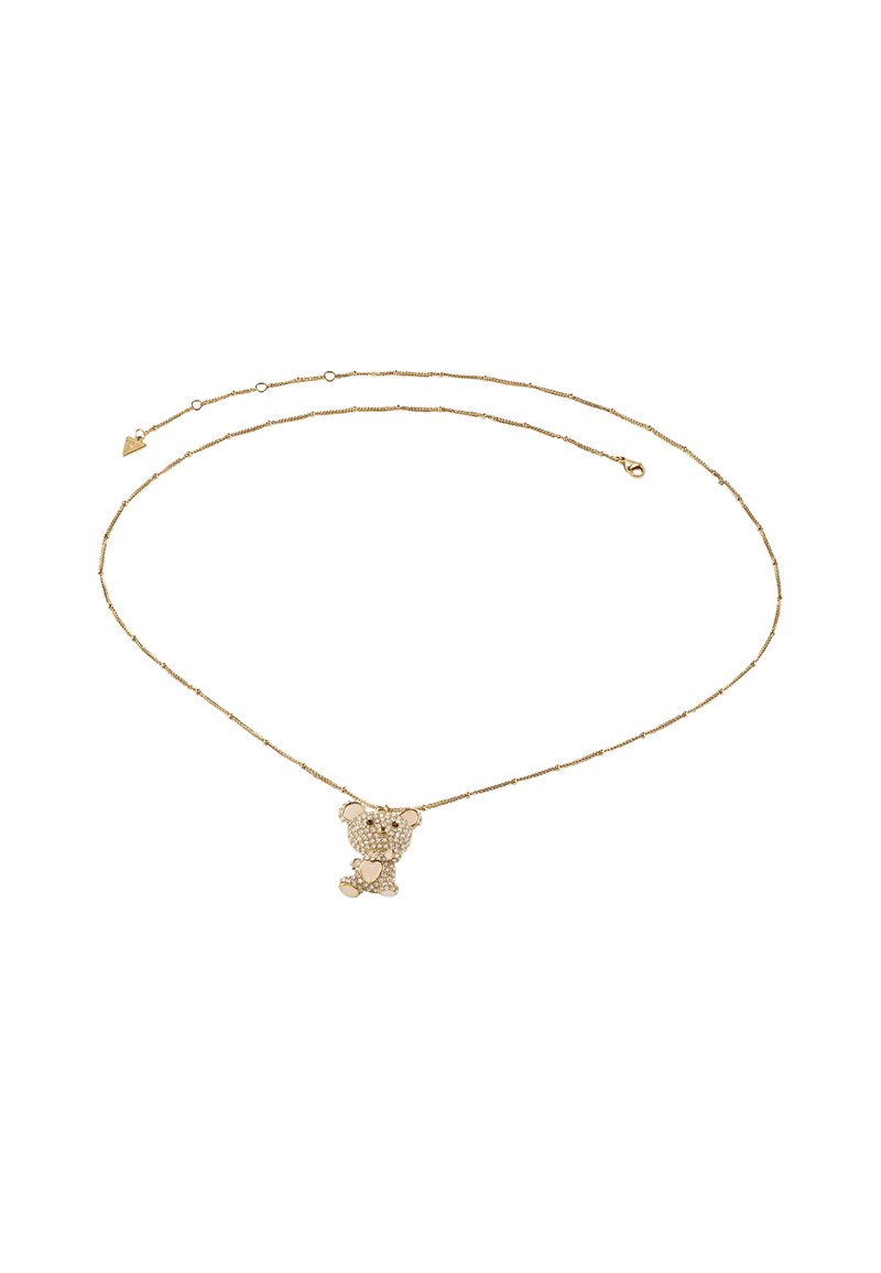 Goldene Halskette mit einem Teddybaer-Anhänger, verziert mit dekorativen Steinen, filigranem Design und einer zarten Kette mit strukturierten Gliedern.