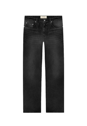 Jeans noirs à jambes droites avec poches avant, passants pour ceinture, fermeture par bouton et une petite étiquette sur la ceinture.