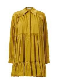 Vestido amarillo de manga larga con cuello, botonera y falda de volantes en capas. Hecho de una tela suave con una textura lisa.