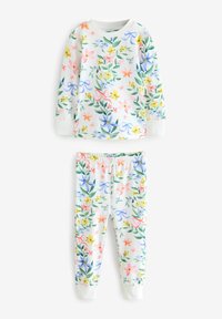 Conjunto de pijama de manga larga con estampado floral en blanco, que presenta patrones de flores en rosa, amarillo y azul, con puños acanalados y una cinturilla elástica.