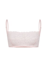 Hellrosa Spitzen-Bralette mit floralem Muster, weicher Textur, verstellbaren Trägern und einem gewellten Rand entlang der Oberkante. Ohne Bügel.