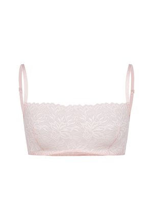 Bralette en dentelle rose clair avec un motif floral, texture douce, bretelles ajustables et bord ondulé sur le dessus. Sans armature.