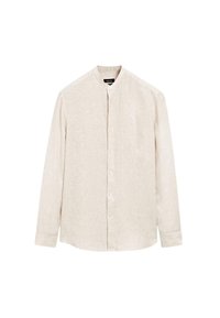 Helles beige Langarmhemd mit rundem Kragen, durchgehender Knopfleiste und vertikaler Streifenstruktur. Hergestellt aus leichtem Stoff.
