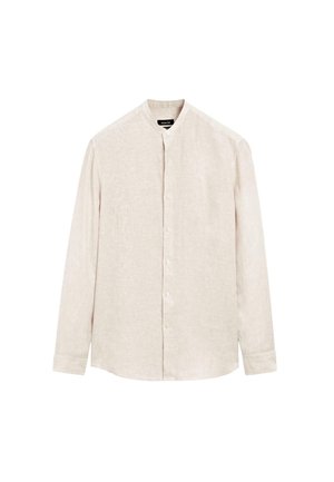 Chemise à manches longues beige clair avec un col rond, un devant à boutons et une texture à rayures verticales. Fabriquée en tissu léger.