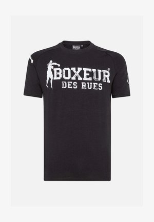 T-shirt in cotone nero con scollatura tonda, caratterizzato da testo stampato bianco "BOXEUR DES RUES" e una grafica silhouette sul davanti. Maniche corte.