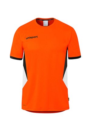 Fel oranje sportshirt met korte mouwen, zwarte en witte zijpanelen, zwarte zoomranden en een "uhlsport" logo op de borst.