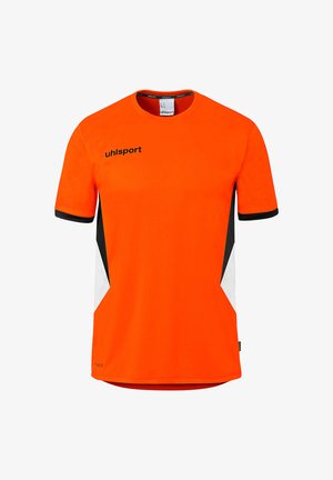 T-shirt de sport à manches courtes orange vif avec des panneaux latéraux noirs et blancs, des bords de manches noirs, et le logo "uhlsport" sur la poitrine.