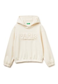 Sudadera con capucha color crema hecha de tejido suave, con un diseño de texto en relieve que dice "PARÍS me está esperando" en la parte delantera y puños elásticos.
